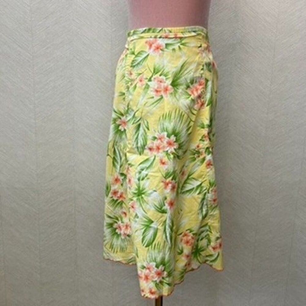 Vintage Millenium Stretch Yellow Tropical Floral A-Line Midi Skirt Womens 24